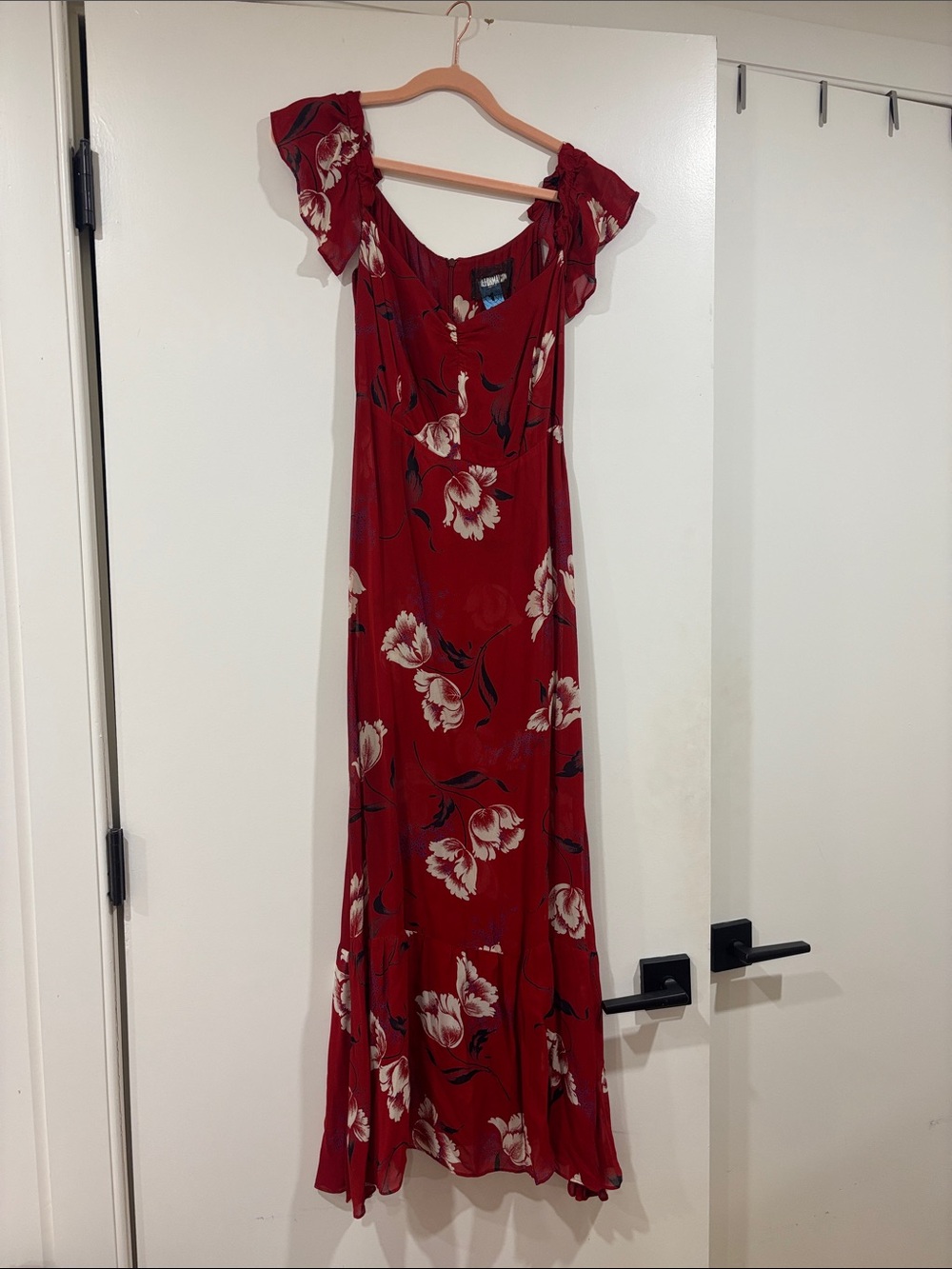 Reformation Red Floral Maxi Dress with Ruffled Cap Sleeves